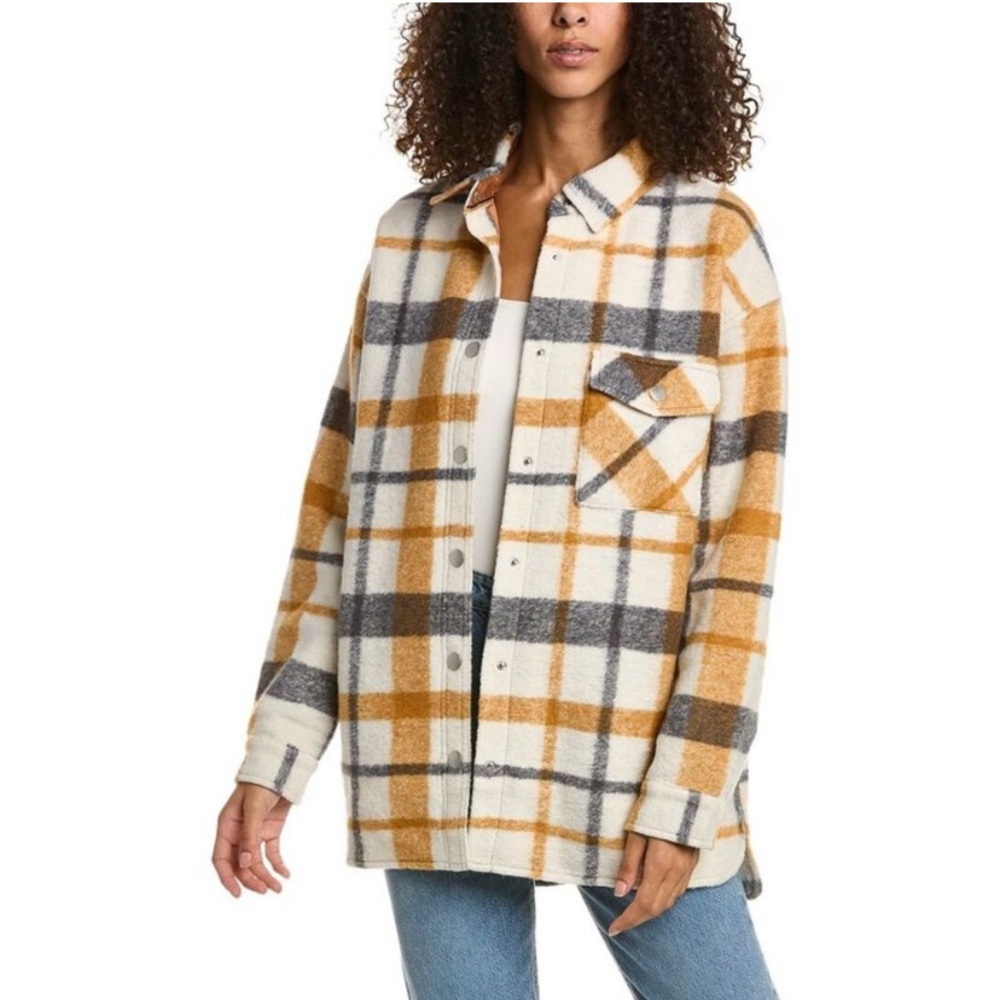 Monrow Plaid Wool-Blend‎ Shirt Jacket Black/Nat/Camel Medium